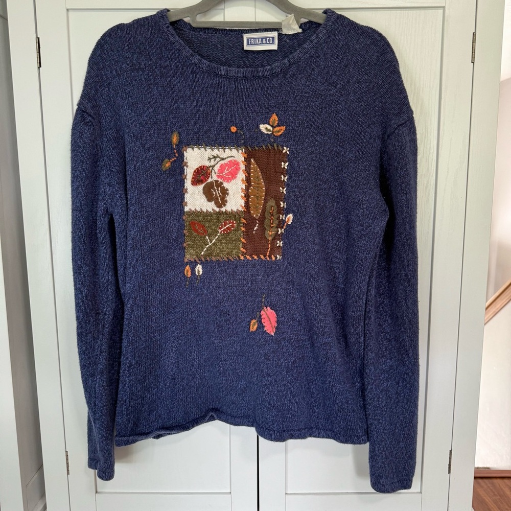 Vintage Fall Sweater Leaves Patchwork Embroidered Knit Womens L/XL Cottagecore